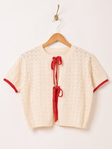 【2色展開】Meridian バイカラー リボン 半袖カーディガン