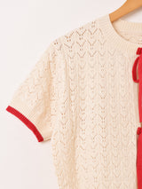 【2色展開】Meridian バイカラー リボン 半袖カーディガン