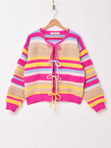 【3色展開】Elcamino マルチボーダー リボン カーディガン