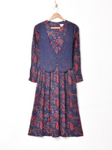 レイヤード風 ペイズリー柄 長袖ワンピース