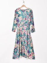 ノーカラー 花柄 長袖ワンピース