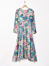 ノーカラー 花柄 長袖ワンピース