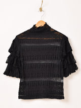 【2色展開】Meridian 半袖 タートルネック フリルレース カットソー