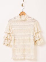 【2色展開】Meridian 半袖 タートルネック フリルレース カットソー