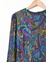 総柄 パフスリーブ 長袖ワンピース