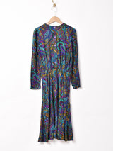 総柄 パフスリーブ 長袖ワンピース