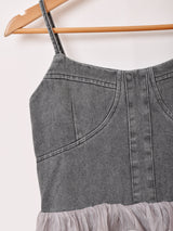 【2色展開】Meridian デニム×チュール フリル キャミソールワンピース