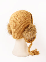 【3色展開】ポンポンファー イヤーマフ ニットキャップ