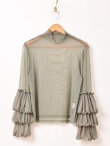 【4色展開】Meridian タートルネック フリルスリーブ シアーカットソー