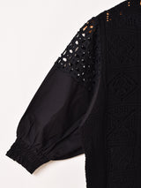 【2色展開】Meridian ニット×コットンレース 半袖 カーディガン