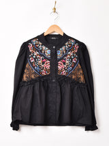 【2色展開】Meridian 刺繍 長袖 ギャザーブラウス