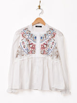 【2色展開】Meridian 刺繍 長袖 ギャザーブラウス