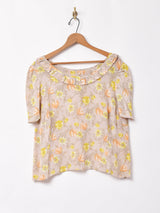 花柄 フリルネック 半袖ブラウス