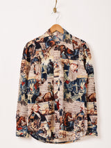 70's 総柄 長袖 ポリシャツ