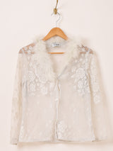 イタリア製 ファーカラー 長袖 レースシャツ