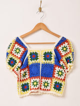 Elcamino グラニースクエア 半袖 クロシェカーディガン