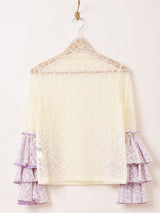 【2色展開】Meridian タートルネック ラッフルスリーブ レースカットソー