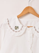 Meridian ビッグカラー 刺繍 長袖ブラウス