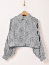 【2色展開】Meridian ストライプ柄 フラワー刺繍 長袖ブラウス