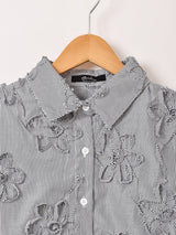 【2色展開】Meridian ストライプ柄 フラワー刺繍 長袖ブラウス