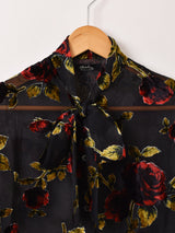 Meridian 花柄 シアー長袖 ボウタイブラウス