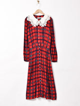 チェック レースカラー 長袖ワンピース
