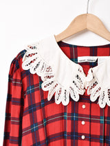 チェック レースカラー 長袖ワンピース