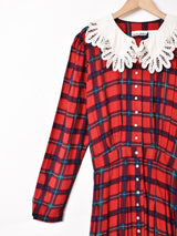 チェック レースカラー 長袖ワンピース