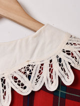 チェック レースカラー 長袖ワンピース