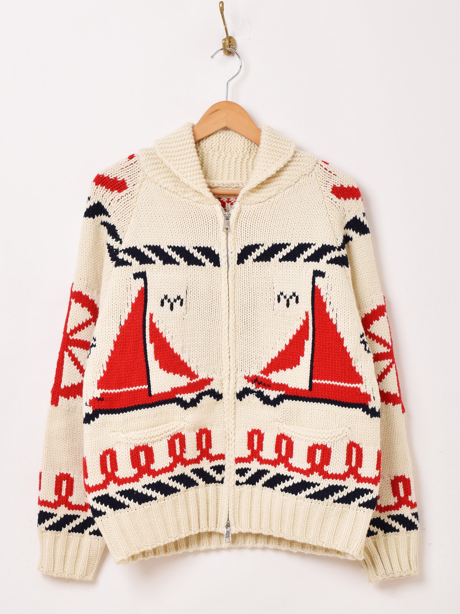 【タロンジップ】60sヴィンテージ ヨット総柄カウチンニット ウールカーディガン 1960〜 ヨット柄カウチンセーター 実寸L - 古着屋HamburgCafe