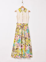 70's 花柄 切り替えデザイン ノースリーブ マキシワンピース