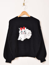 【2色展開】Meridian ネコ 刺繍 セーター
