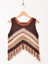 【2色展開】Elcamino フリンジ クロシェ ノースリーブ トップス