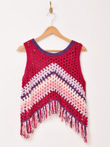 【2色展開】Elcamino フリンジ クロシェ ノースリーブ トップス