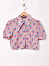 【2色展開】フラワーモチーフ 半袖 シアーブラウス