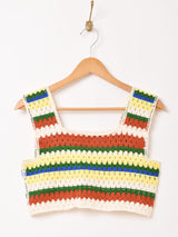 【2色展開】Elcamino マルチボーダー クロシェ ノースリーブ トップス