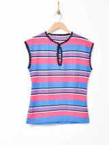 マルチボーダー ニットベスト ブルー×ピンク