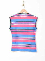 マルチボーダー ニットベスト ブルー×ピンク