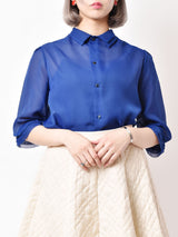 スタンドカラー シースルー七分袖ブラウス