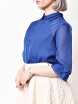 スタンドカラー シースルー七分袖ブラウス