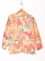 花柄 レーヨンシャツ イエロー×レッド系