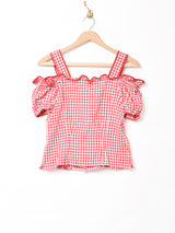 LANDHAUS ギンガムチェック オフショルダー チロリアン トップス