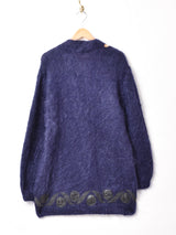 レザー 装飾 モヘアカーディガン