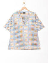 コモン柄 ノーカラー プルオーバー 半袖シャツ