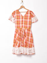 チェック レース 半袖ワンピース