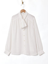 ドイツ製 織柄 長袖 ボウタイブラウス