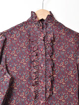 ペイズリー柄 フリルネック 長袖ブラウス