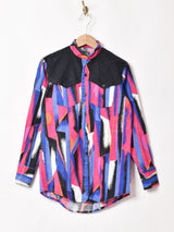 スタンドカラー 総柄 長袖 デザインシャツ