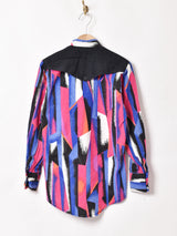 スタンドカラー 総柄 長袖 デザインシャツ