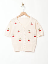 【2色展開】Meridian さくらんぼ刺繍 半袖カーディガン